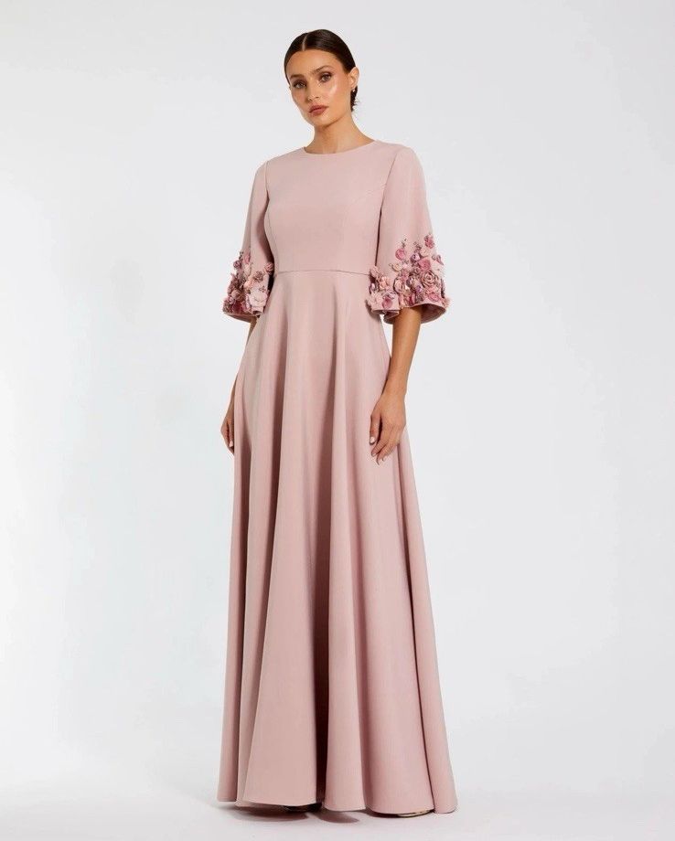 Mac Duggal 11854 Pink Crepe 3/4 Sleeve A-Line Gown With Flower Trim Sz 8 Nwt